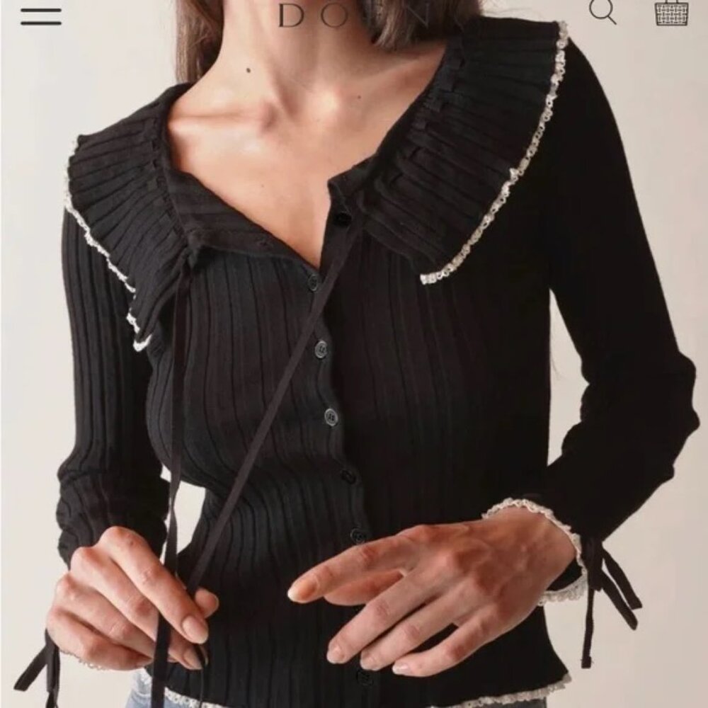 DOEN Emanuelle Black Ribbed Cardigan Sweater with Lace Ruffle Trim M